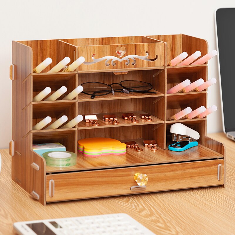 Pen holder Nordic ins storage box creativity office,desk stationery box wooden large capacity rack wooden book box: B brown