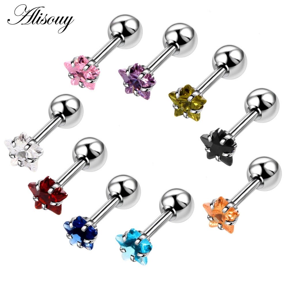 Alisouy 2pcs Star Prong set Zircon Ear Cartilage Piercing Tragus Helix Studs Piercing 1.2x6x4/4mm Stainless Steel girl Earrings