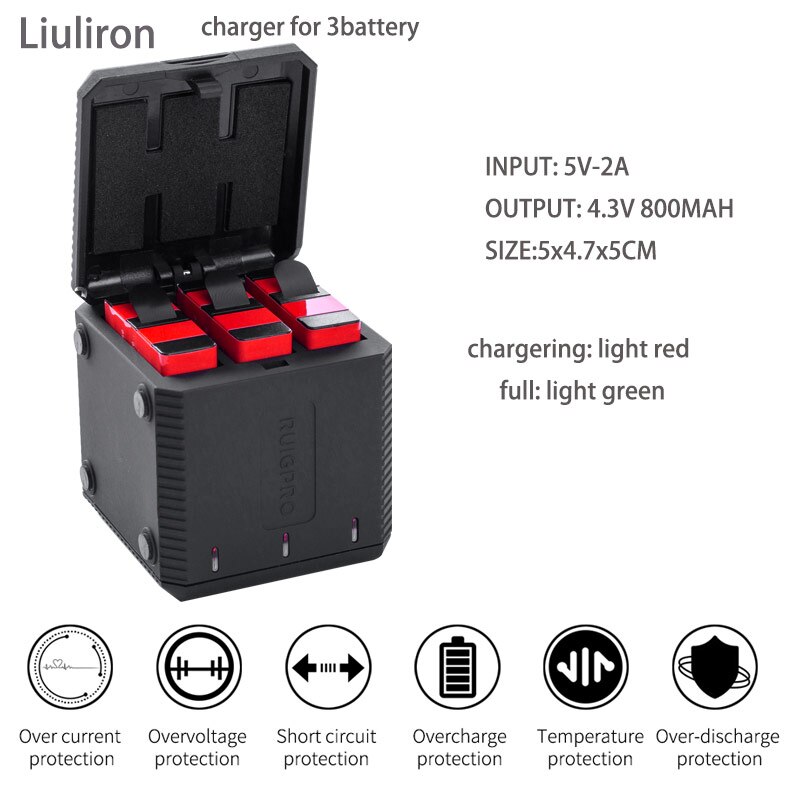 Hög kvantitet helt avkoda go pro hero 8 batteri  + 3 portar typ-c laddare för gopro go pro hero 5 6 7 8 svarta kameratillbehör
