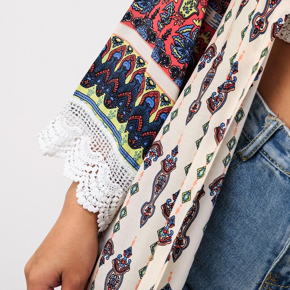 Kimono largo con estampado entérico, cárdigan suelto con empalme de encaje, abrigo de verano, informal, ropa de playa, vacaciones, blusa de playa, ,