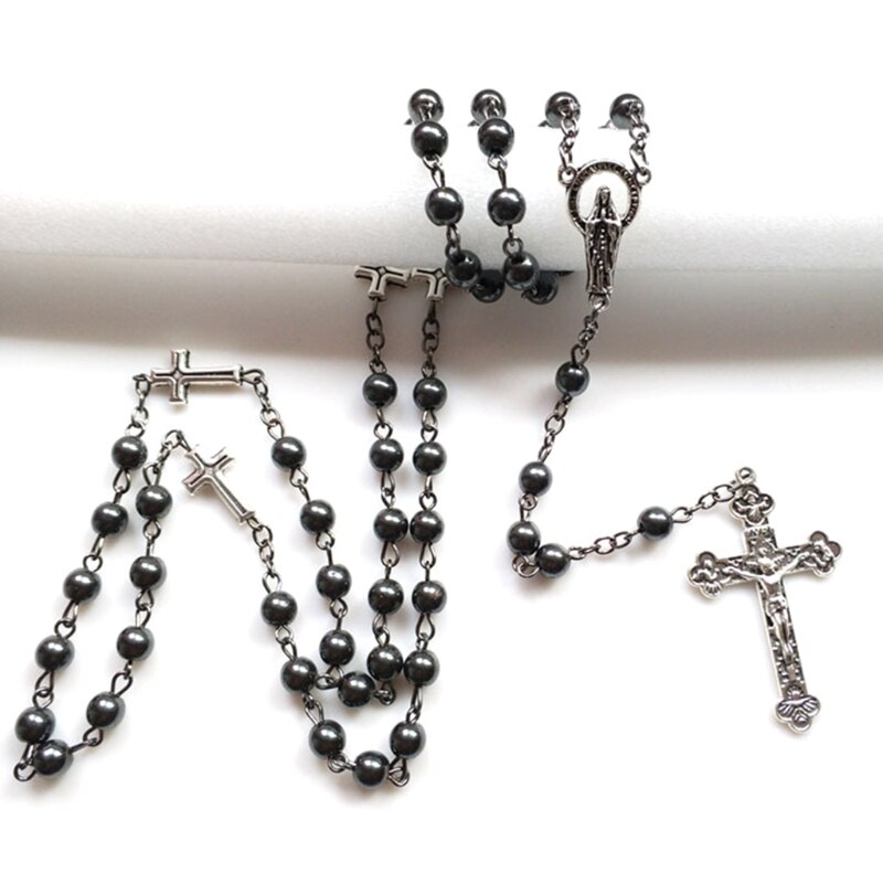 Xxfa Handgemaakte Ronde Kralen Katholieke Rozenkrans Ketting Cross Hanger Religieuze Jezus Kettingen Mannen Vrouwen Sieraden