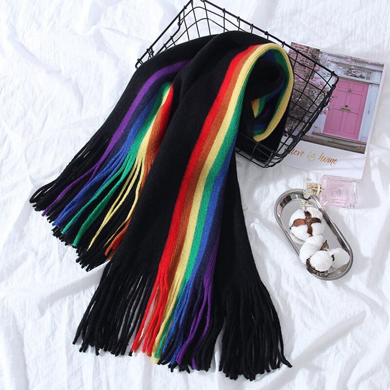 Chal bufanda de gran tamaño a rayas LGBT arco iris para mujer con borlas envolturas de Manta abrigadas de invierno 190*40cm
