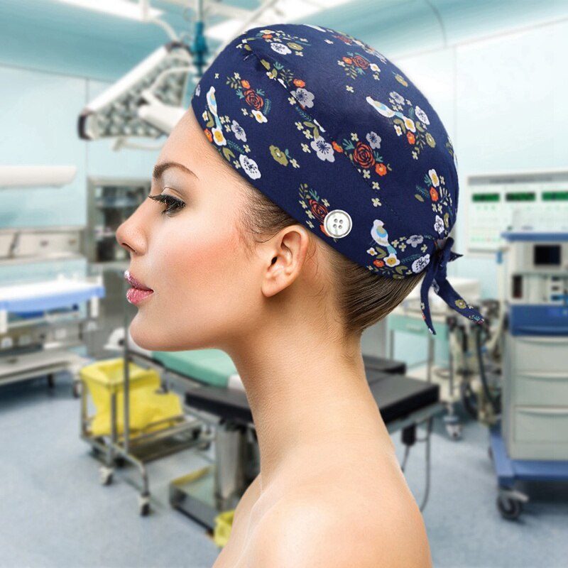 Flower Scrub Cap Pattern Nursing Work Hat Veterinarian Women Men Cotton Tie Back Washable SPA Beautician Chef Skull Cap