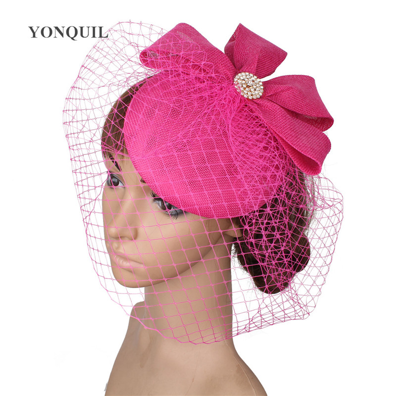 Vintage Mesh ślubne nakrycie głowy panna młoda elegancka moda Fascinator kapelusz kobiety formalne Party Chapeau z kapturem klip z welony nakrycia głowy: hot pink