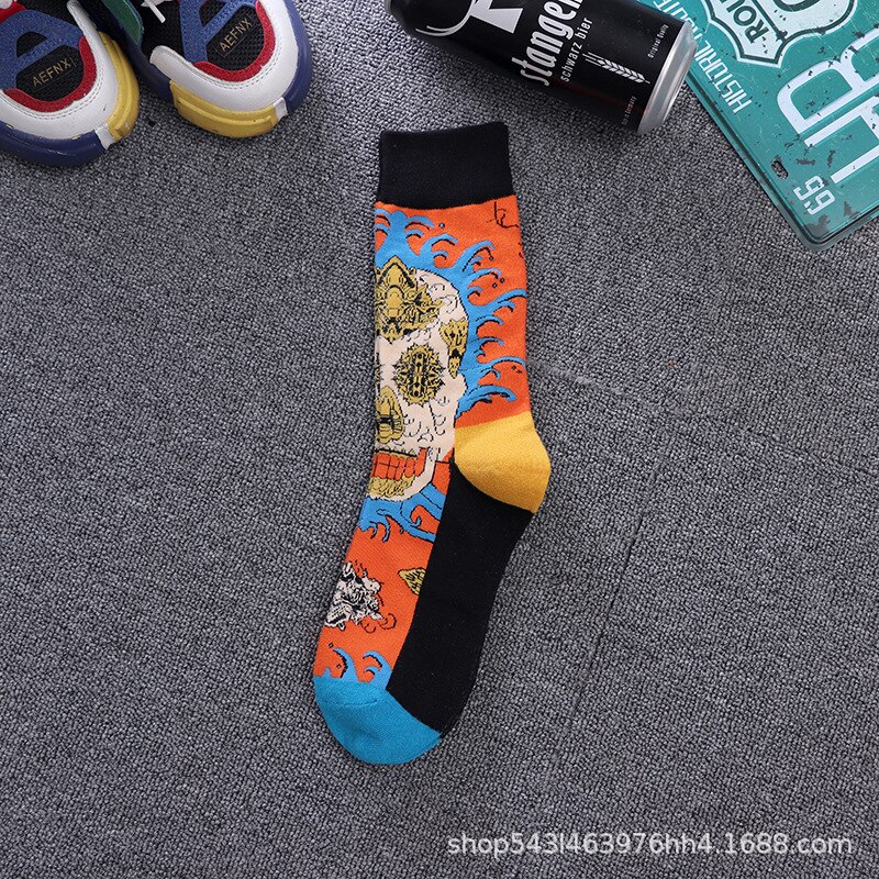Newly Men Socks Cotton Casual Personality Hip Hop Streetwear Happy Socks for Men Brand: Orange Skull