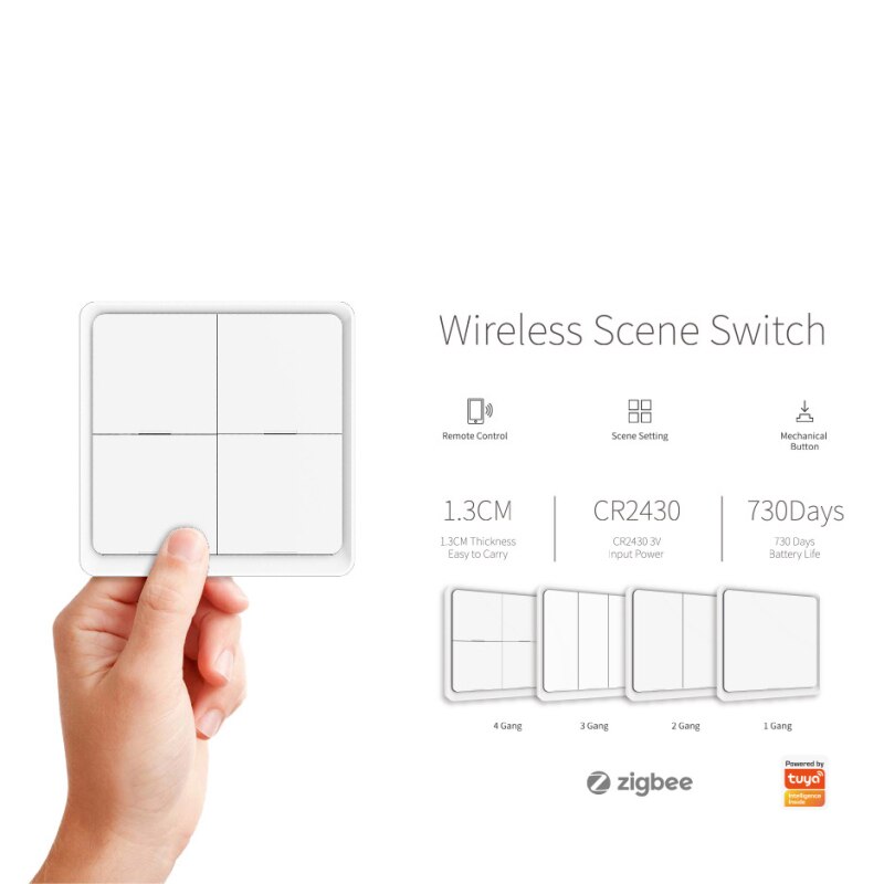 Tuya-interruptor inteligente zigbee sem fio, adesivo, painel de 4 vias, controle por aplicativo, casa inteligente, sem fio, com gateway zigbee