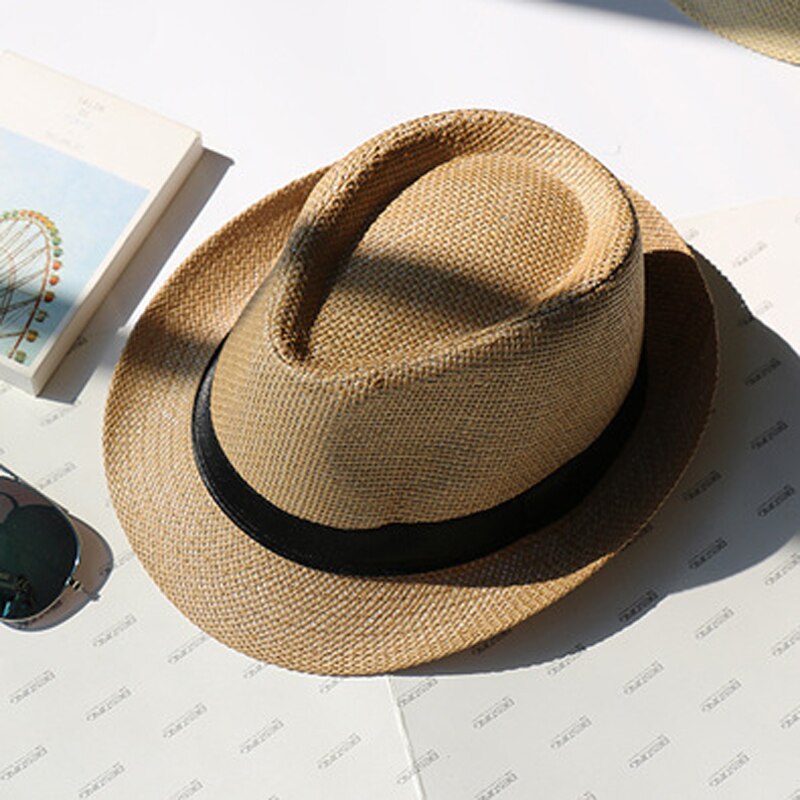 Summer Men Women Children Paper Straw Hat Trilby Gangster Cap Beach Sun Hats Straw Parent-child Jazz Hats Travel Fedoras GH-625: khaki ribbon / 58cm