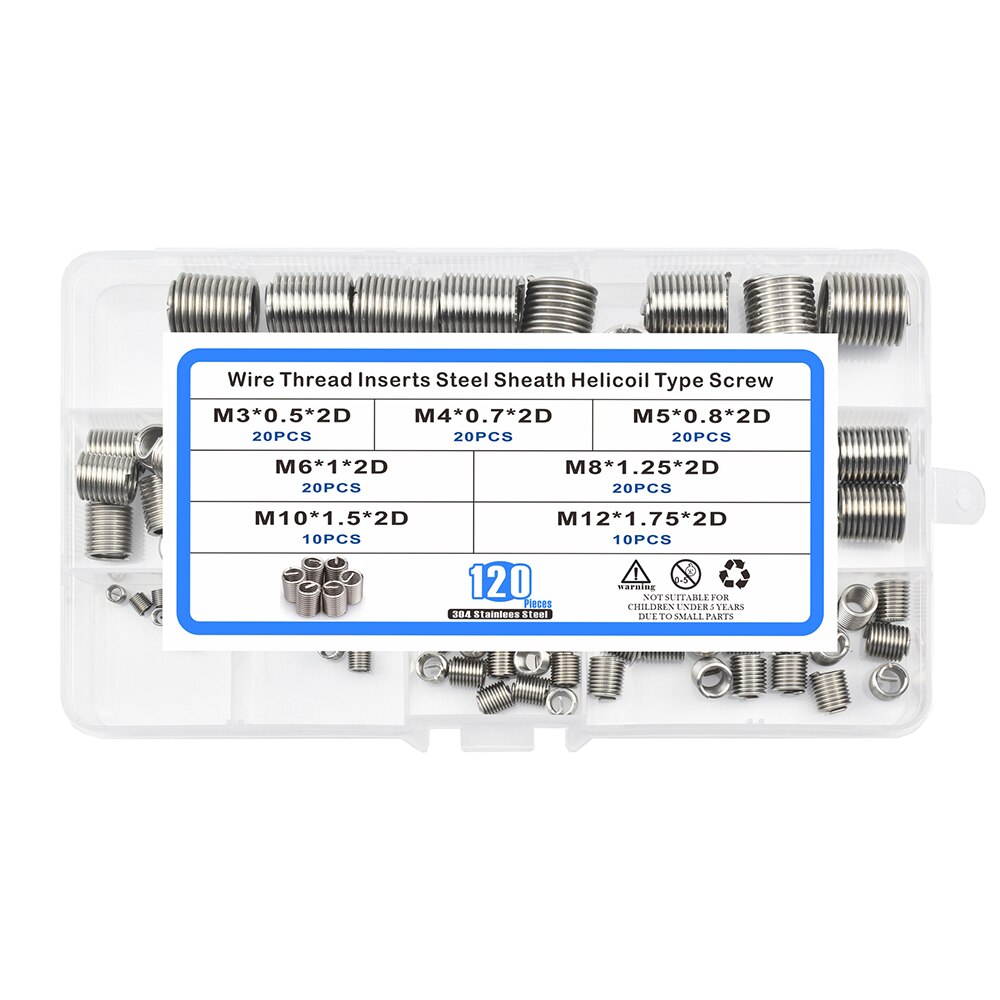 120Pcs/Box 304 Stainless Steel Wire Thread Inserts Steel Sheath Helicoil Type Screw Set Helicoil Thread Repair Insert Set