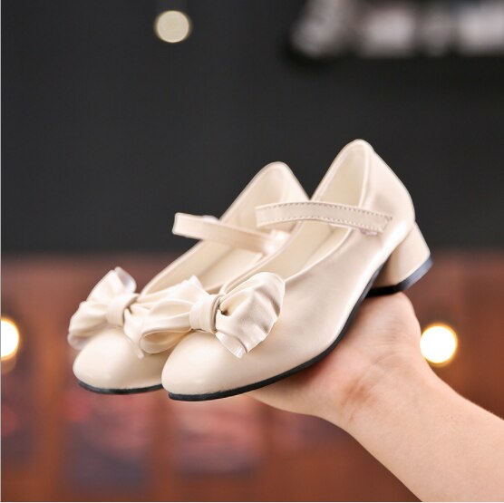 Children Bow High Heel Leather Shoes Princess Pointed Toe Kids White Wedding Shoe Sweet Toddler Causal Moccasins: white / 11