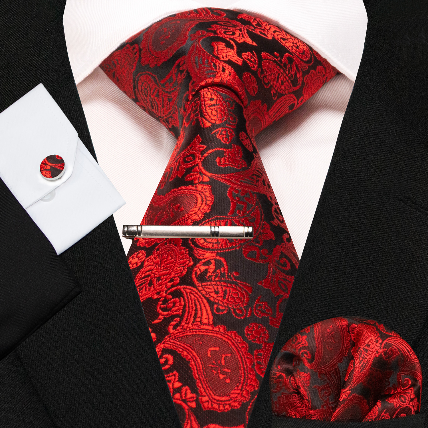 Corbatas de Cachemira azul y verde para hombre, corbata de seda de lujo de 8cm de ancho, gemelos cuadrados de bolsillo, conjunto de clips de corbata, de Navidad para hombre: Rojo