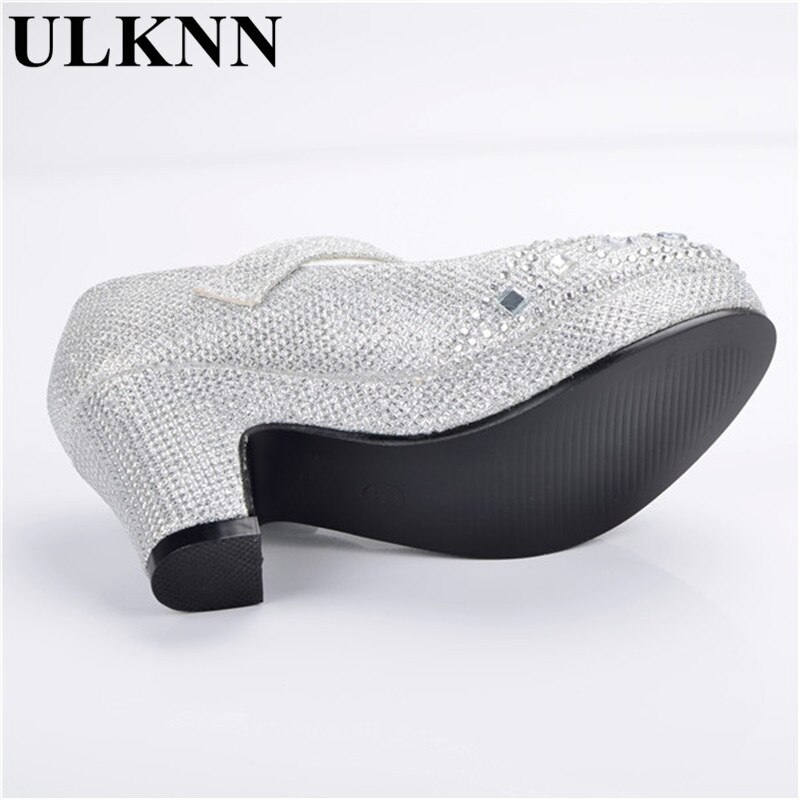 Zapatos con purpurina ULKNN para niñas, niños, Lazo de cristal, tacones altos brillantes, zapatos de princesa, zapatos nuevos de Boca de pescado para niñas, tacón alto, oro plateado