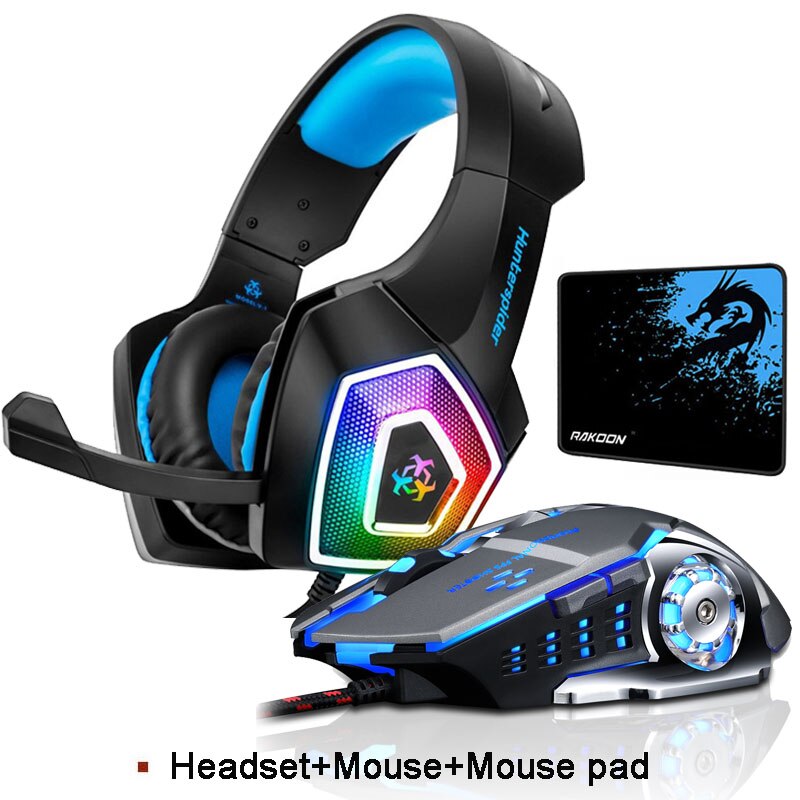 PC Headset With Mice Stereo Gaming Headset Surround Sound Headphones with Mic LED Light for PS4 PC Laptop+Gaming Mouse Mice Pad: Headset Mice and pad