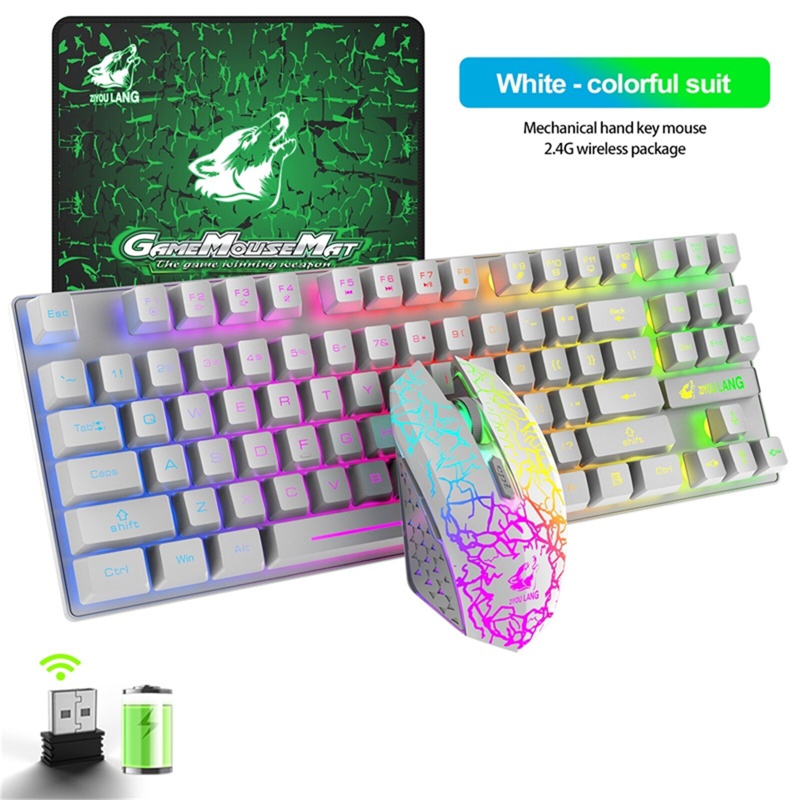 Rechargeable Wireless keyboard Gaming Mouse Sets 2.4GHz RGB Backlit 87key PC Keypad Ergonomic Wireless Mouse For Laptop PC Games: C