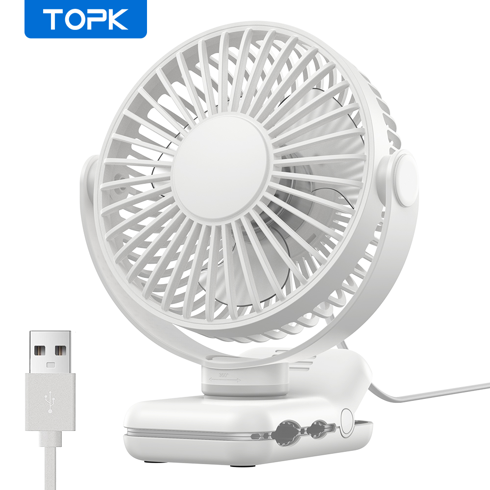 TOPK Mini ventilador portátil con clip, ventilador de escritorio USB, viento silencioso de 3 velocidades 720 ° Ventilador eléctrico personal giratorio, ventiladores de pie para habitación y hogar