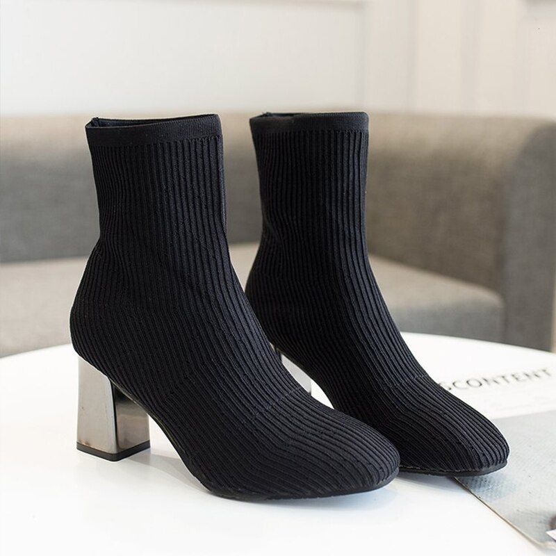 Femmes bottes tissu extensible Martin bottes bout carré talon épais bottines solide tricoté élastique tissu chaussettes bottes: A1 / 4