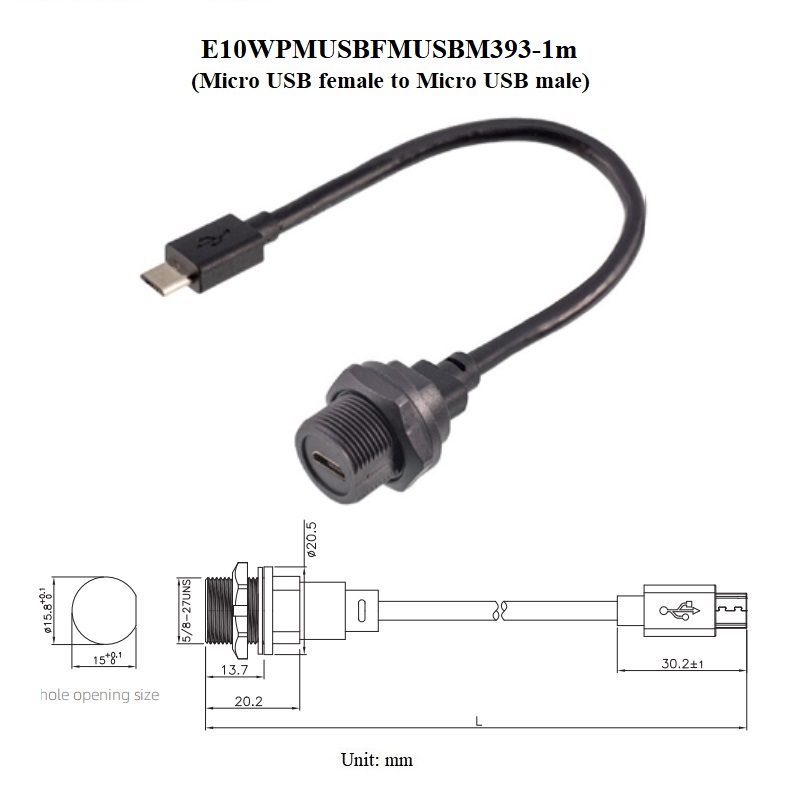 circular waterproof ip67 chassis panel screw wall mount micro usb usb2.0a connector module cable extender adapter coupler: PURPLE