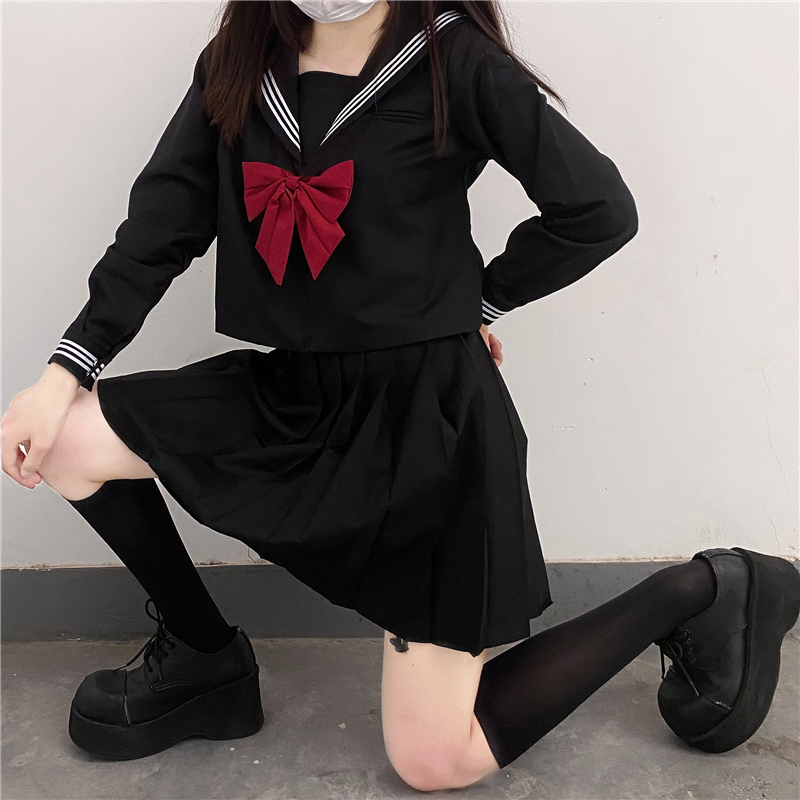 Japanese Sailor Suit School Girl Uniform JK Black Basic Orthodox Sailor Uniform Student Classic Clothes Schoolgirl Pleated Skirt