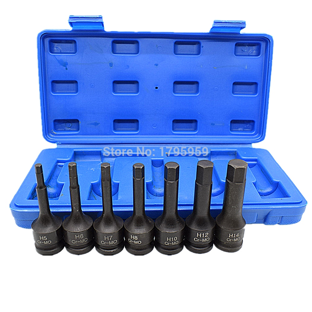 1/2" Square Drive Impact Socket H5 H6 H7 H8 H10 H12 H14 (5mm-14mm) Cr-Mo Metric Allen Bit 78mm Long 7 Piece Hex Key Socket Set