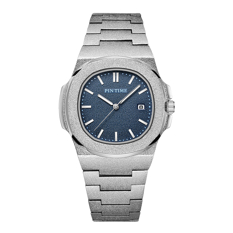 PINTIME Mens Luxury Watch Frosted Stainless Steel Quartz Movement Watches Male Sport Wristwatch: Silver Blue