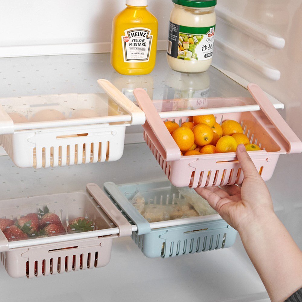 Kitchen PP Storage Box Food Fruit Container Organizer Rack Pull-out Drawer Stretch Refrigerator Storage Basket White