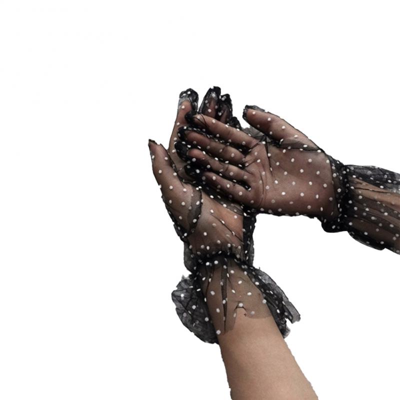 Guanti da donna in pizzo macchiare Tulle elasticizzati eleganti corti sottili a maglie sottili scaldamuscoli per ragazze da festa di nozze: 02