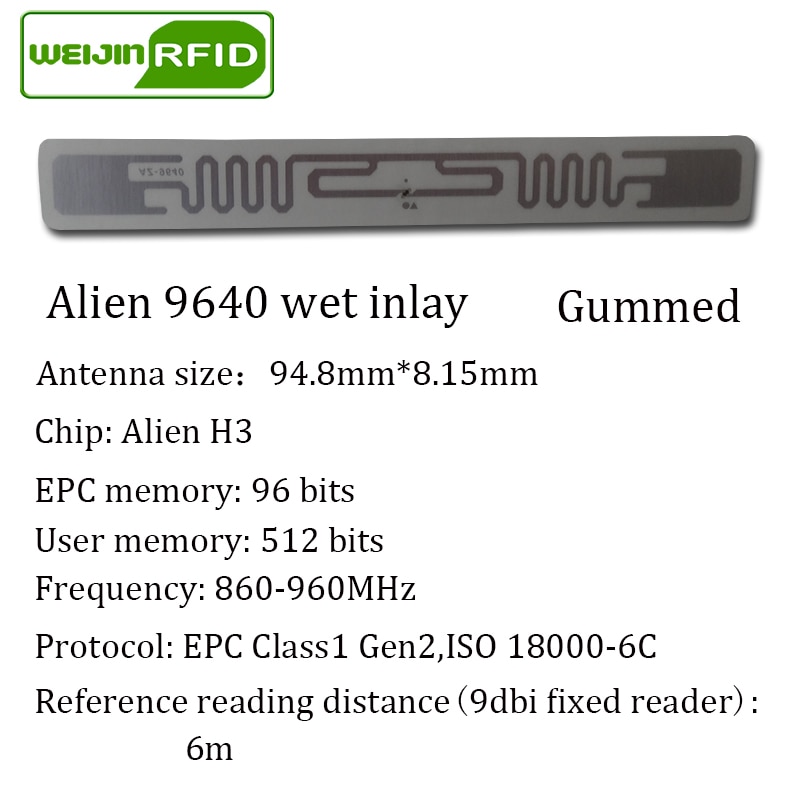 RFID tag UHF sticker Alien 9640 wet inlay 915mhz868mhz 860-960MHZ Higgs3 EPC 6C 50pcs adhesive passive RFID label