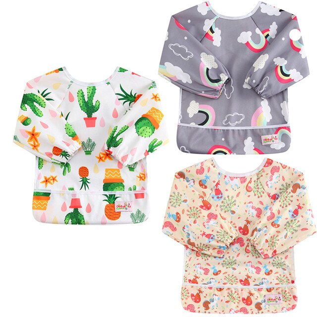 Ohbabyka bolsillo Baberos para comer bebé ducha impermeable manga larga alimentación de Bebé Ropa Unisex para niños 6-24Month 3 unids/pack: 364243