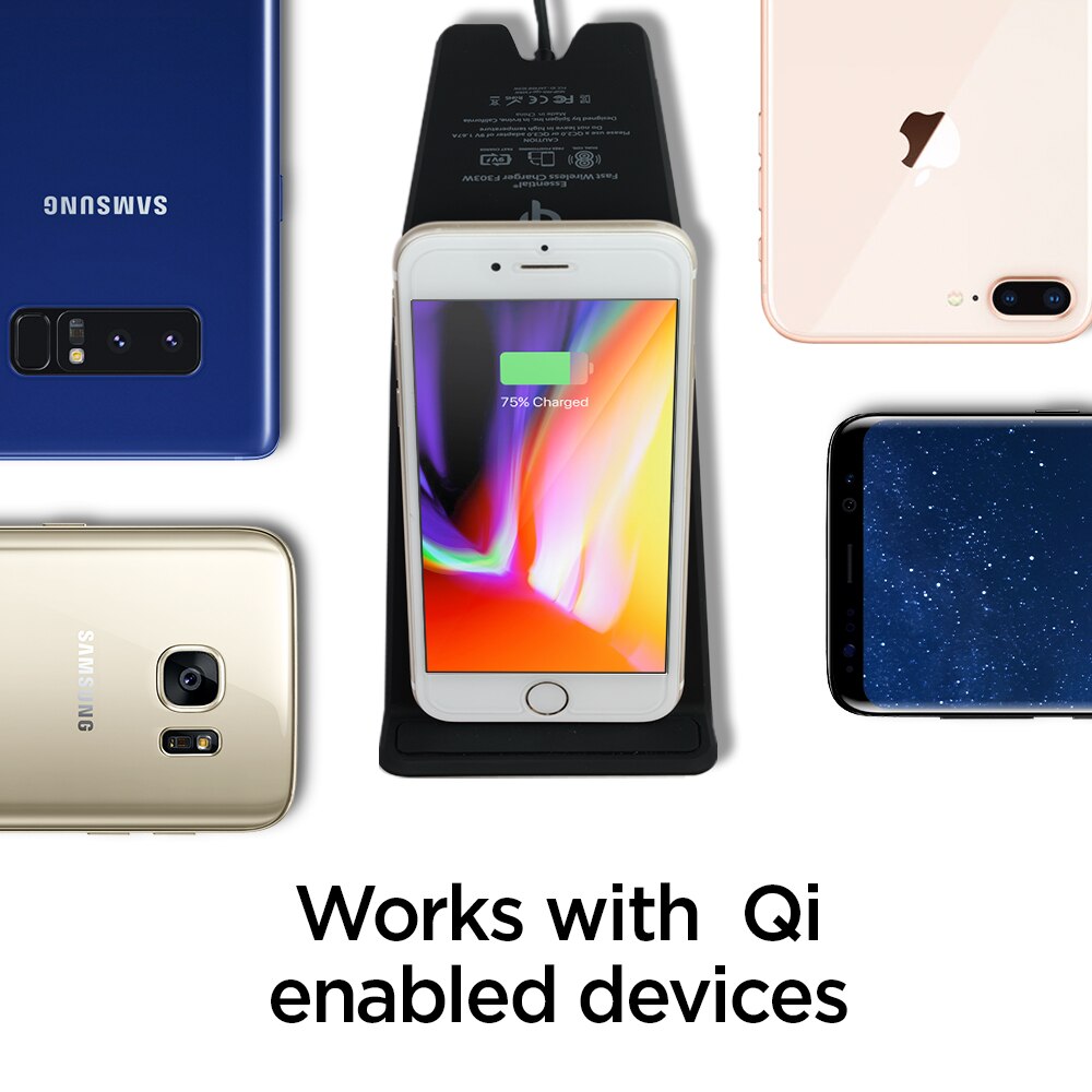Spigen Essentielle F303W Chargeur Rapide Sans Fil Certifié Qi 10W Chargeur pour iPhone 11 Pro Max/Xs MAX/XR/X/8 Plus et Appareils Qi