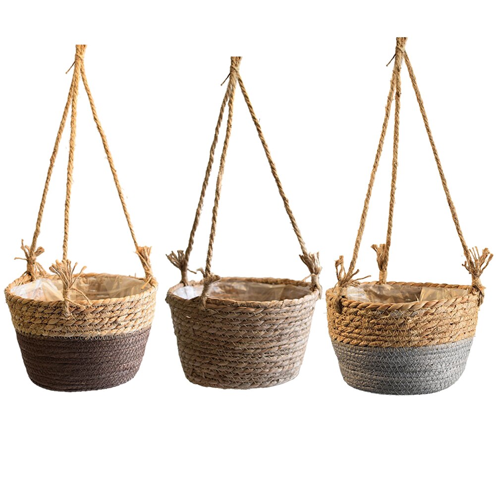 jute tau hengende kurv hengende planter kurv jute tau macrame plante hengende blomster lagrings arrangør til utendørs hage