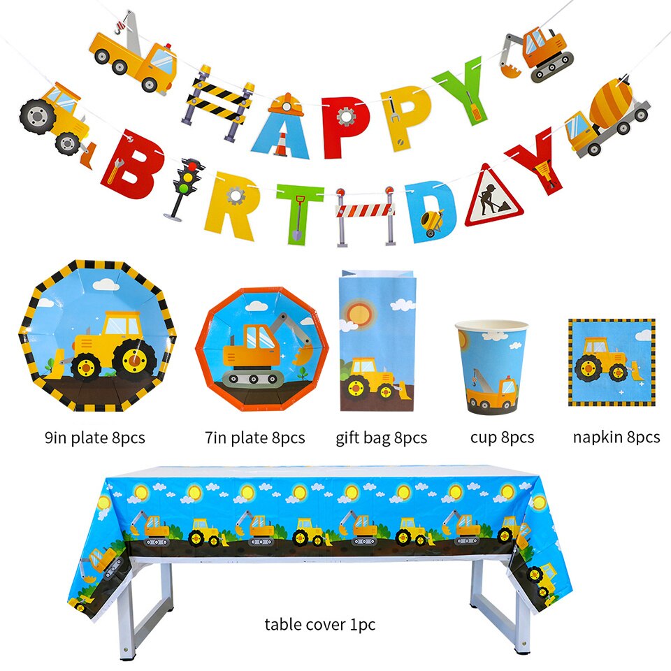 1set Carton Construction Pelle Bulldozer Jetable Vaisselle Assiettes En Papier Tasses pour garçon Joyeux Anniversaire Fête Décoration D&#39;approvisionnement