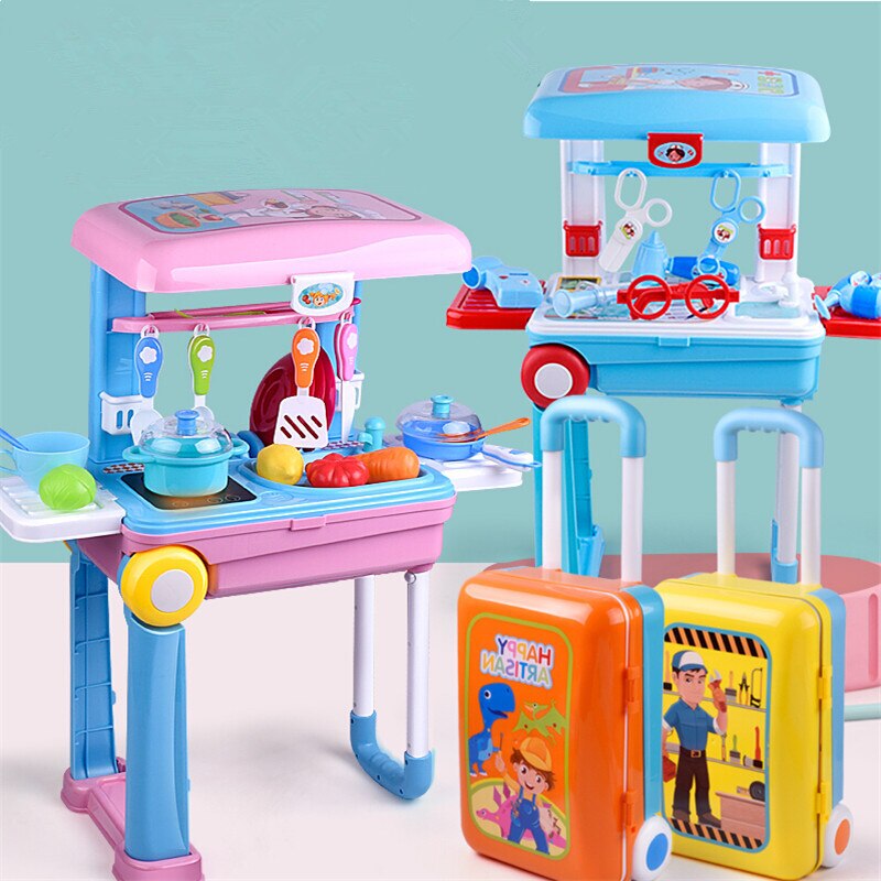 bambino del bambino Dei Bambini carrello Valigia fingere Cucina Giocattolo di Trucco Cassetta Degli Attrezzi Medico Scatola di Immagazzinaggio Gioco di Ruolo impostato di Valigie Giocattolo Regali Di Natale