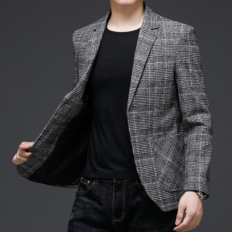 Style Top Grade Brand Casual Slim Fit Men Suits Tweed Jacket Classic Business Plaid Blazer Coats Mens Clothes