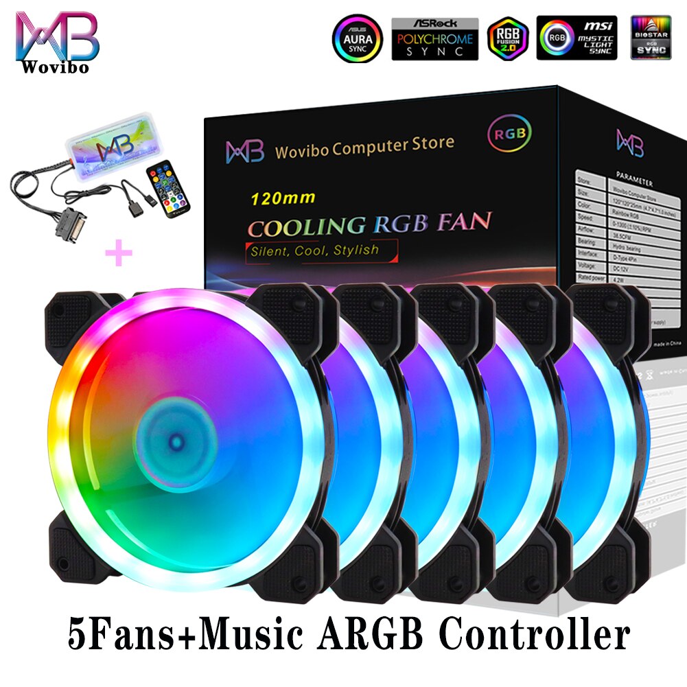 Wovibo-Ventilador RGB de 120mm, enfriador silencioso Argb, Pc, ordenador, 6 pines, 12cm, placa base, sincronización Aura: 5Fans With Music