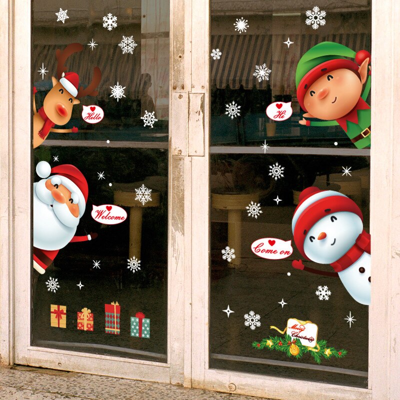 Cartoon Lovely Christmas Wall Stickers Santa Claus Window Decor Snowman House Decoration Elk Snowflake Wallpaper Waterproof