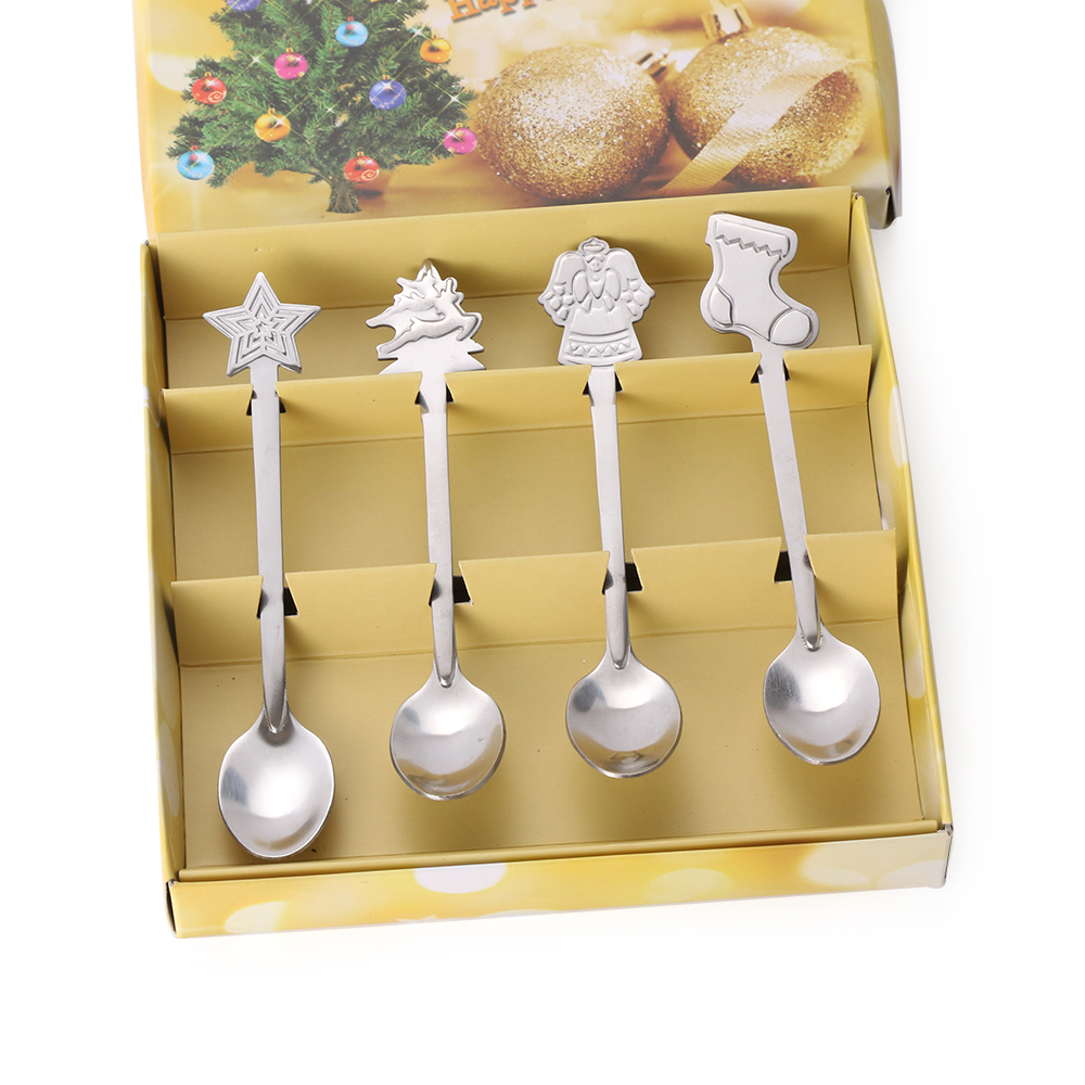 4 stk/sæt rustfrit stål juletema snemand juletræ sokker kaffeskeer is desserter ske drikke te kugler