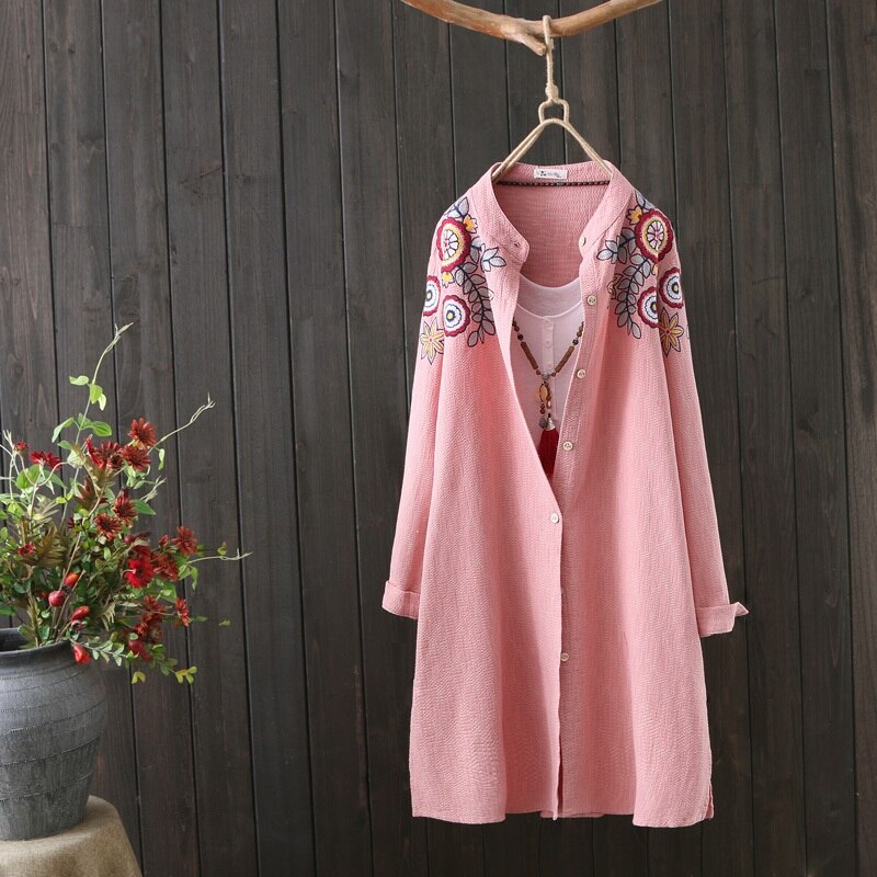 Camisas de estilo chino para mujer, Tops y blusa de talla grande , blusa bordada de manga larga Vintage para mujer, Top abotonada informal de oficina 11128