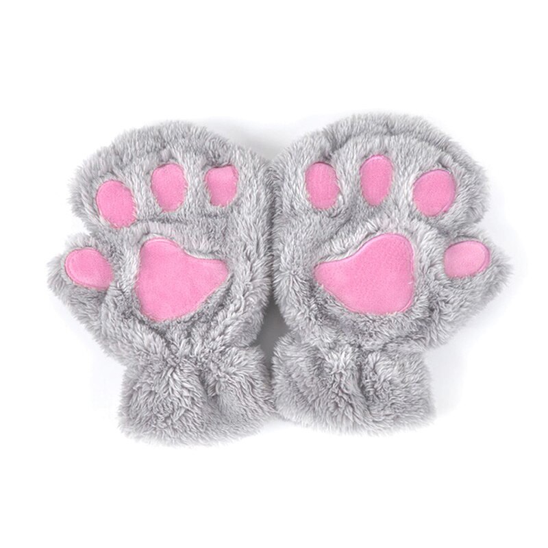 Winter Women Cute Cat Paw Claw Plush Mittens Short Fingerless Finger Half Gloves -Y107: Light Gray