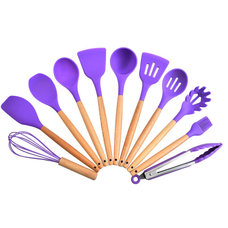 Cooking Utensils Set with Holder for Kitchen Non Stick 11 Pcs Cookware with Wooden Handle Cooking Accessory MAZI888