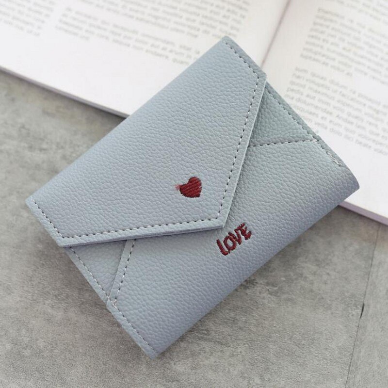 Nuove Donne Portafogli Della Borsa Mini Raccoglitore Del Cuore di Amore-a forma di Linea Del Ricamo Del Modello di Lychee Del Raccoglitore Multifunzionale 3 Fold Piccolo Portafoglio: Gray blue