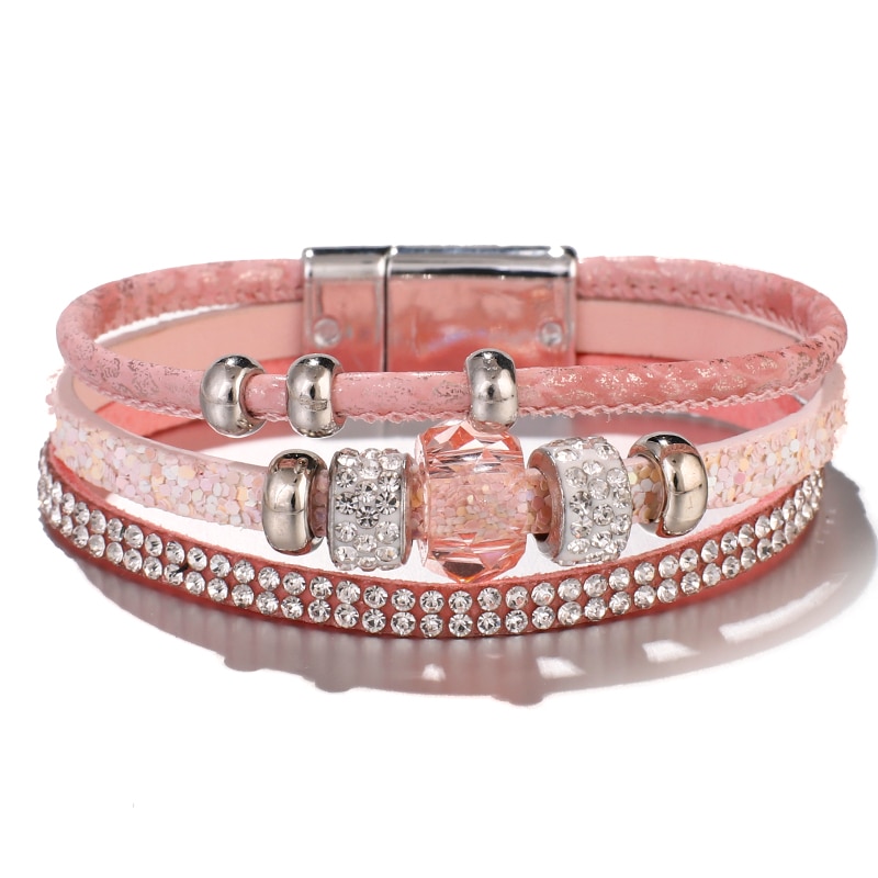 Amorcome Shiny Crystal Charm Leather Bracelets for Women Boho Rhinestone Beads Multilayer Wrap Bracelet Female Jewelry