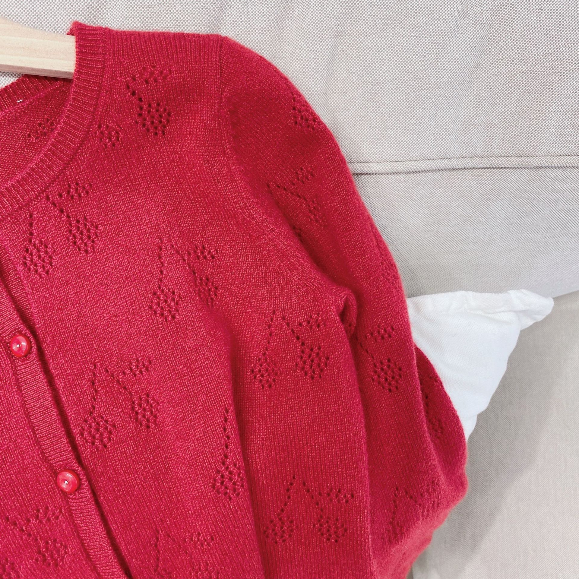 Kids jacket children clothes solid red colour cherry pattern knitting jacket for girls presell September 30th ship