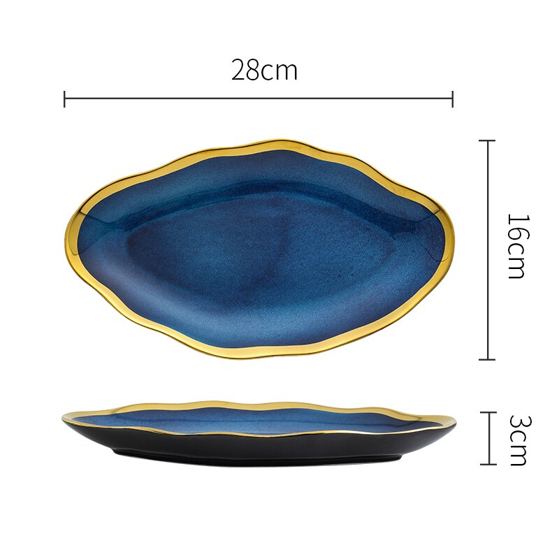 Nordic Blue Glaze Ceramic Dinner Plates and Bowls Irregular Phnom Penh Steak Plate Dessert Snack Dishes Home Tableware: H-28x16x3cm
