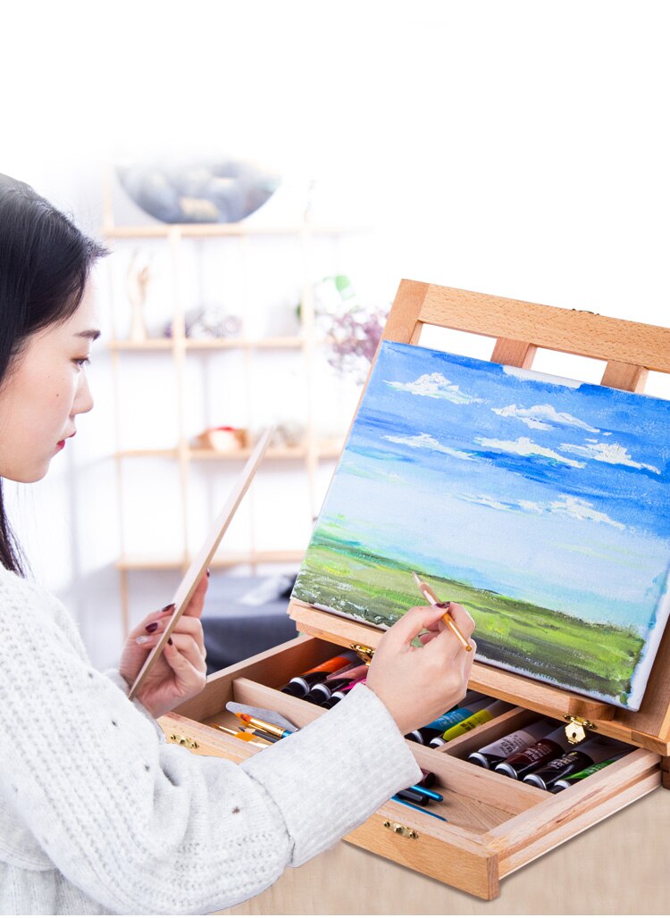 Wooden Table Easels for Painting Artist Kids Sketch Drawer Box Portable Desktop Laptop Accessories Suitcase Paint Art Supplies