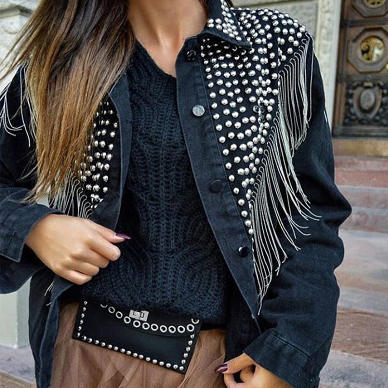 Femmes Denim Jakcet Rivet gland Jean vestes col rabattu simple boutonnage femme manteaux dames Streetwear tendance hauts