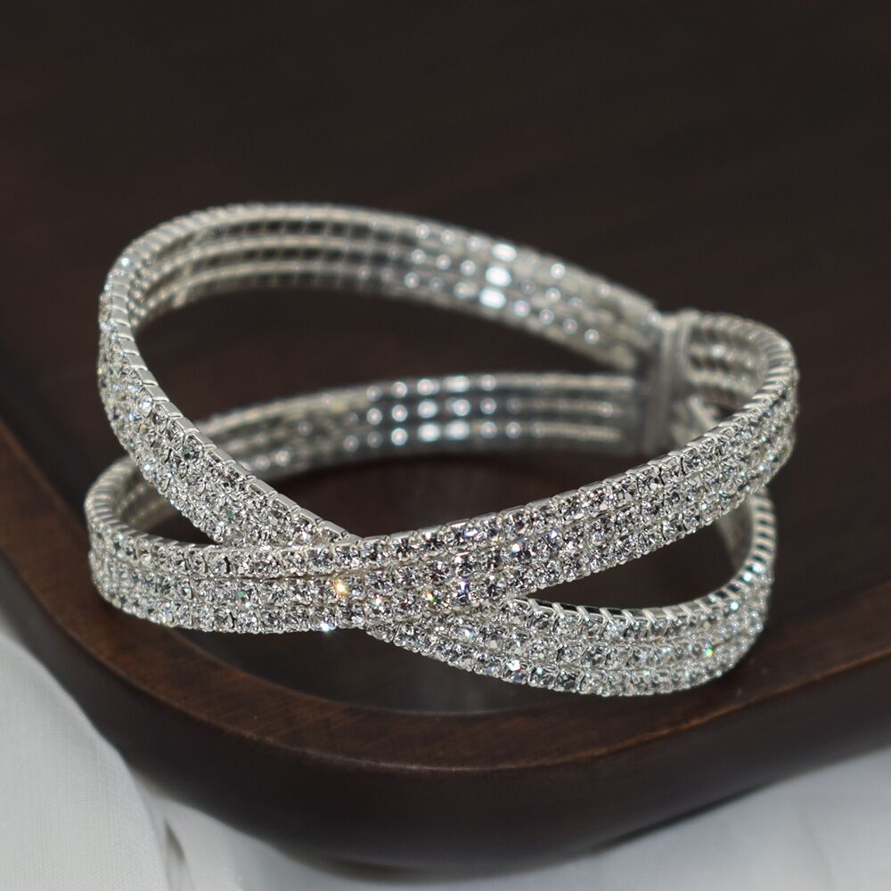 Lussuoso bracciale rigido in cristallo bianco verde per donna con braccialetti avvolgenti Bling regalo per bracciali per gioielli da festa di nozze: SL-1193-Silver white