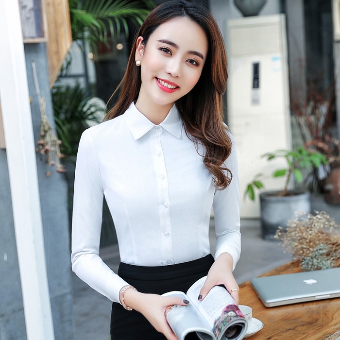 ACRMRAC Women's shirts style Summer shirt Solid color white Long sleeve Slim OL Formal Business Blouses & Shirts: M