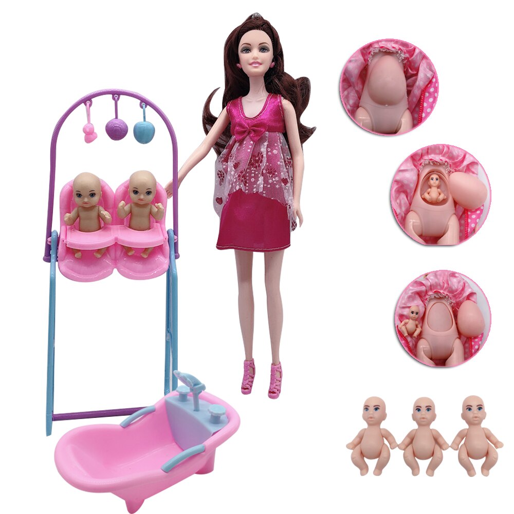11.5 "/ 5" 2020 mais recente moda grávida barbies boneca mãe-criança combinação banheira + dupla cadeira de jantar crianças brinquedo plástico: Standard logistics