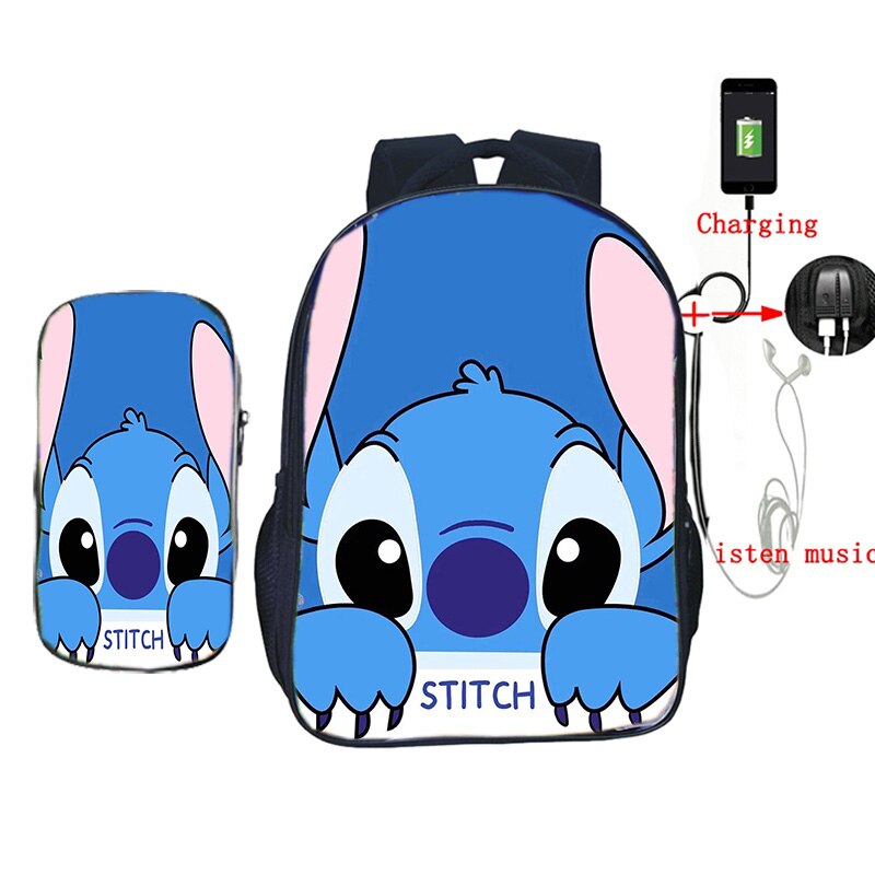 USB Opladen Rugzak Jongens Meisjes Stitch Gedrukt Rugzak Schooltassen met Etui 2 stks/set Casual Reizen Shouler Rugzak: 18