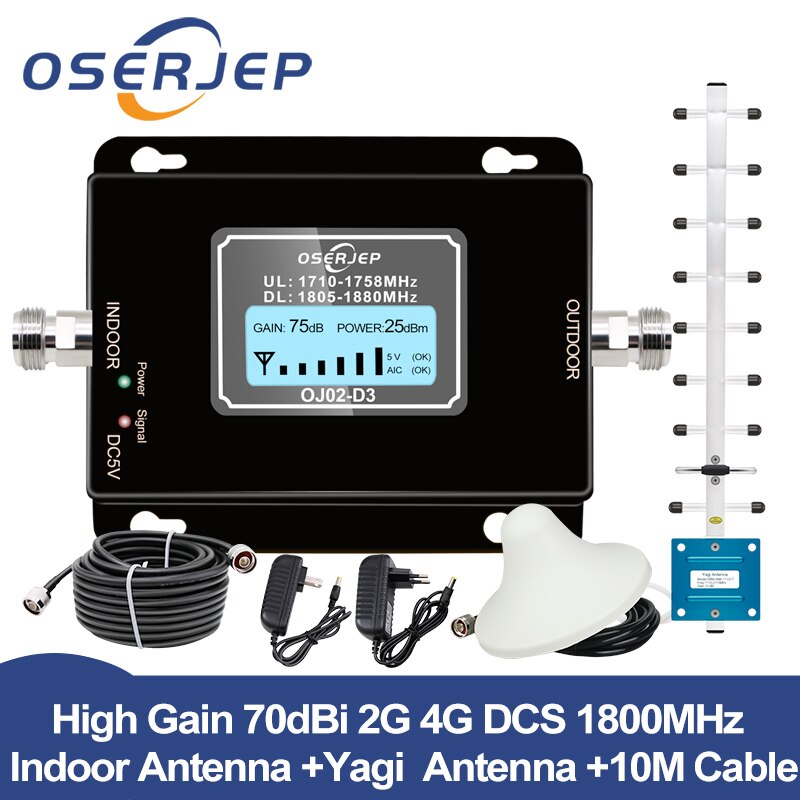 4G LTE 1800 zespół3 70dB 2g 4g wzmacniacz sygnału telefonii komórkowej DCS 1800MHz mobilny wzmacniacz wzmacniacz sygnału GSM + Yagi/antena sufitowa