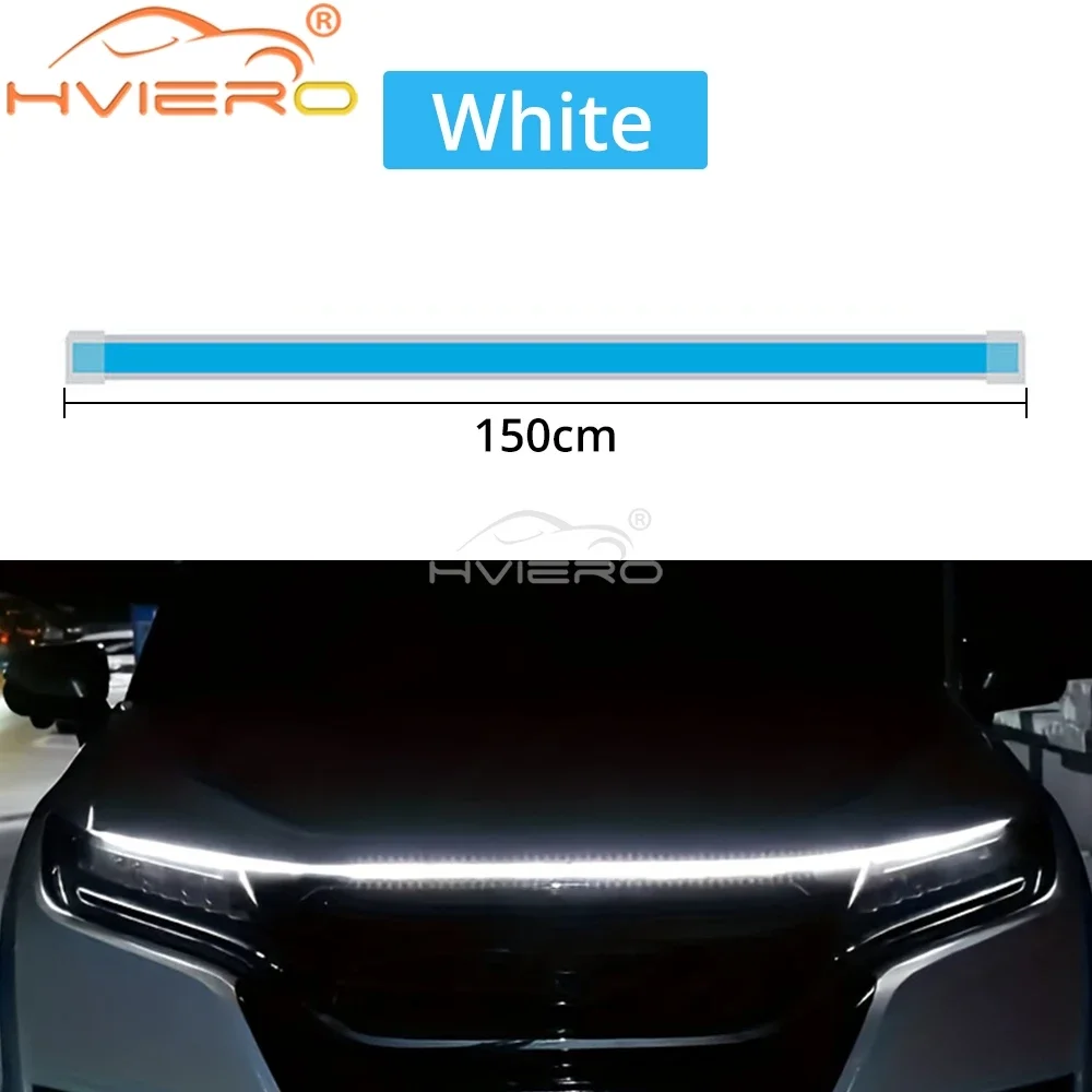 Bil led-lys bar 59in 12v motorhjelm lamper start scanning universel fleksibel auto dekorativ atmosfærisk dynamisk pære tilbehør: Blå